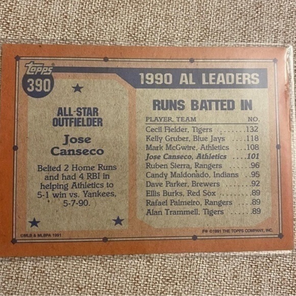 1991 TOPPS JOSE CANSECO ALL-
STAR #390 - Picture 2 of 2